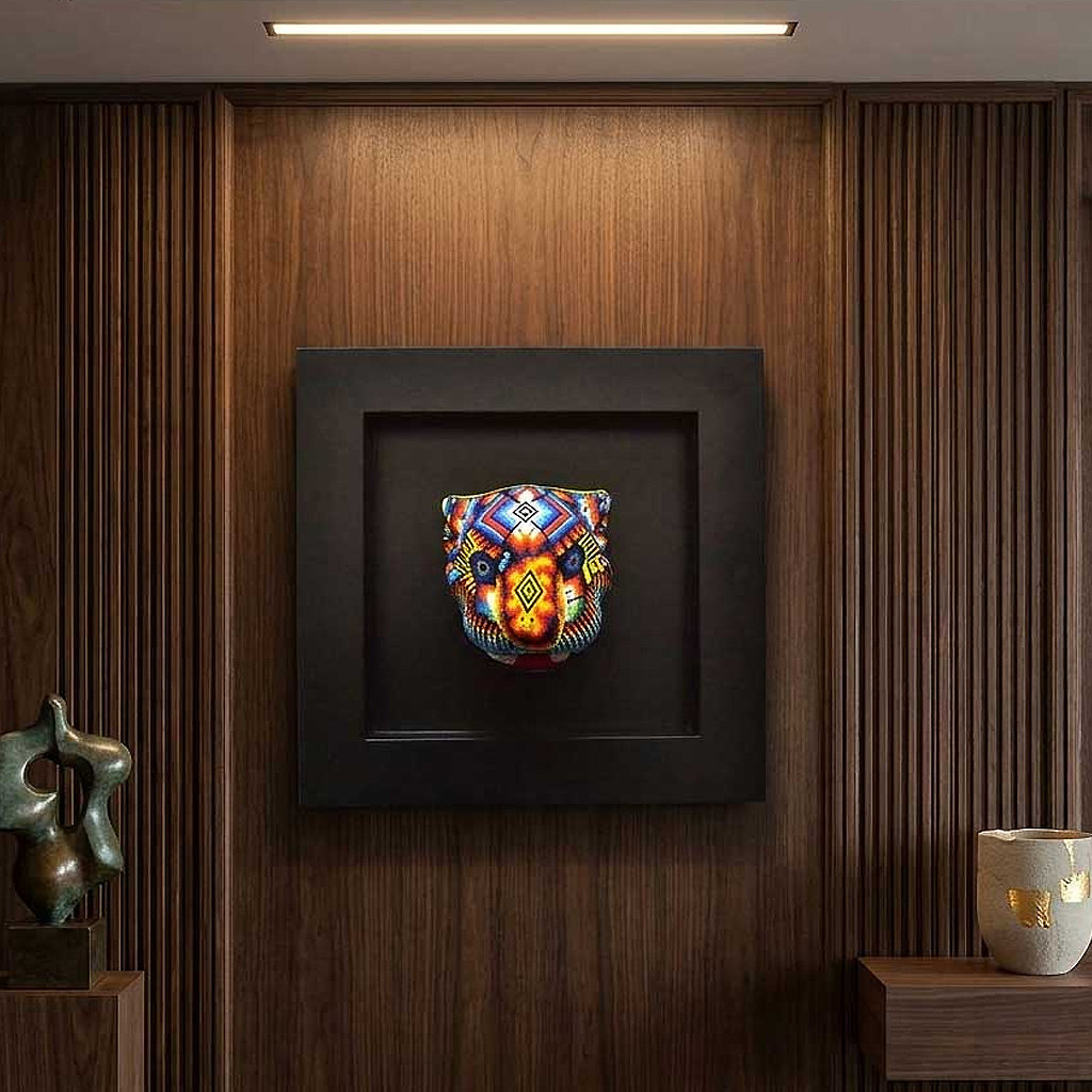 Jaguar Head in Wooden Frame - Huichol Art