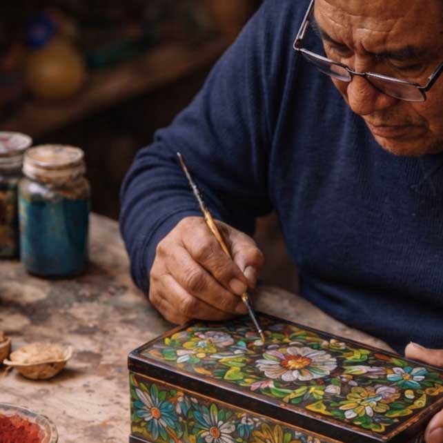 Artesano pintando caja de Olinala - Guerrero