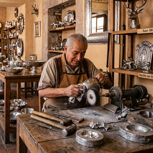 Artesano puliendo pieza de pewter