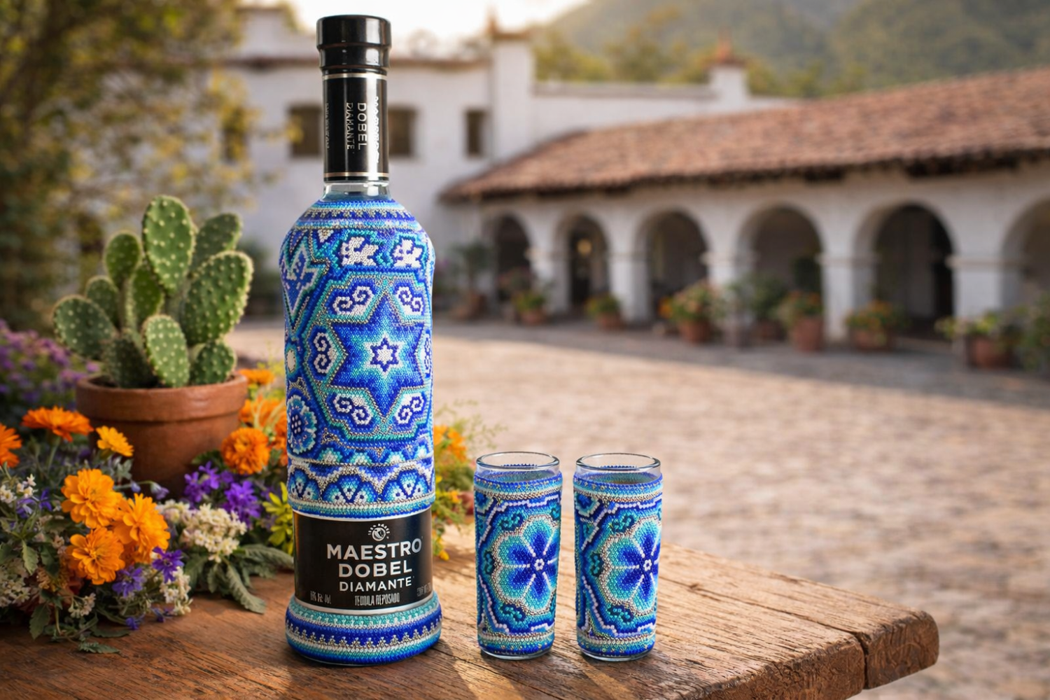 Botella de tequila Maestro Tequilerro con tequileros en arte huichol