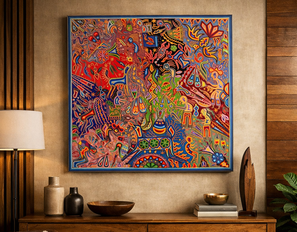 Tabla de estambre en arte huichol, gran formato