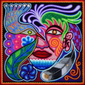 Tabla de estambre surrealista en Arte Huichol