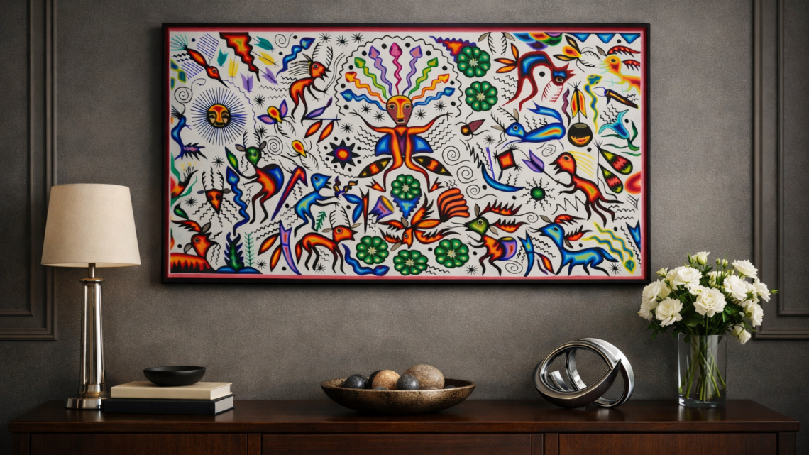 Tabla de estambre huichol en un entorno agradable