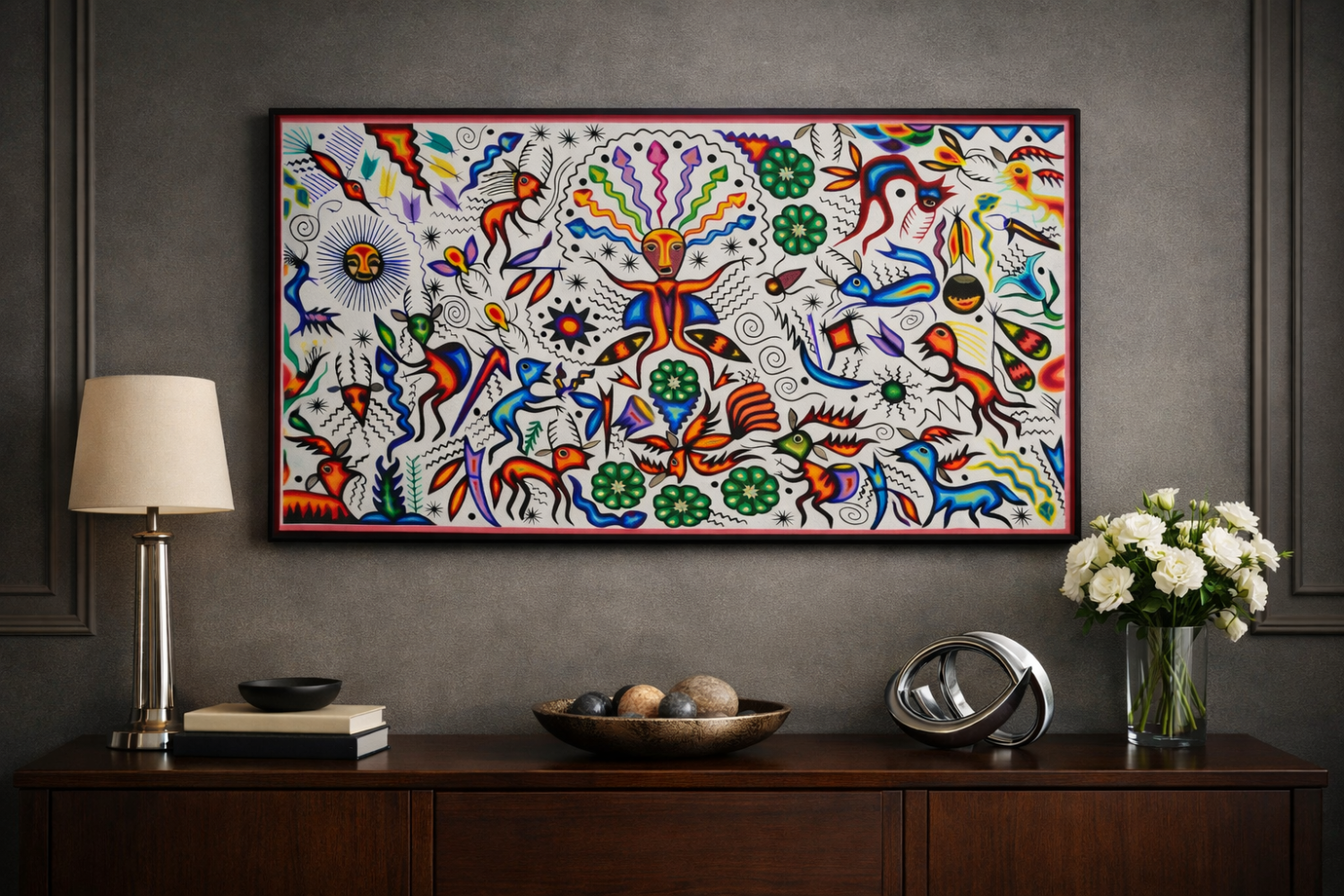 Tabla de estambre huichol en un entorno agradable