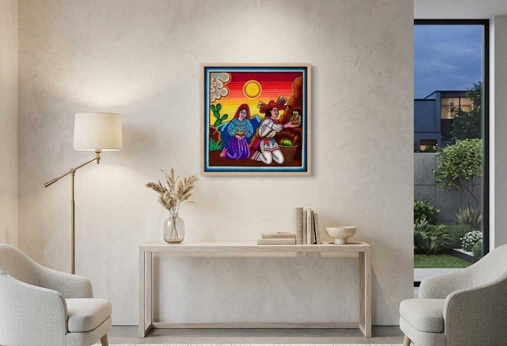 Ilustracion con cuadro de arte huichol