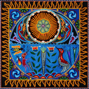 Cuadro de arte huichol con peyote al centro
