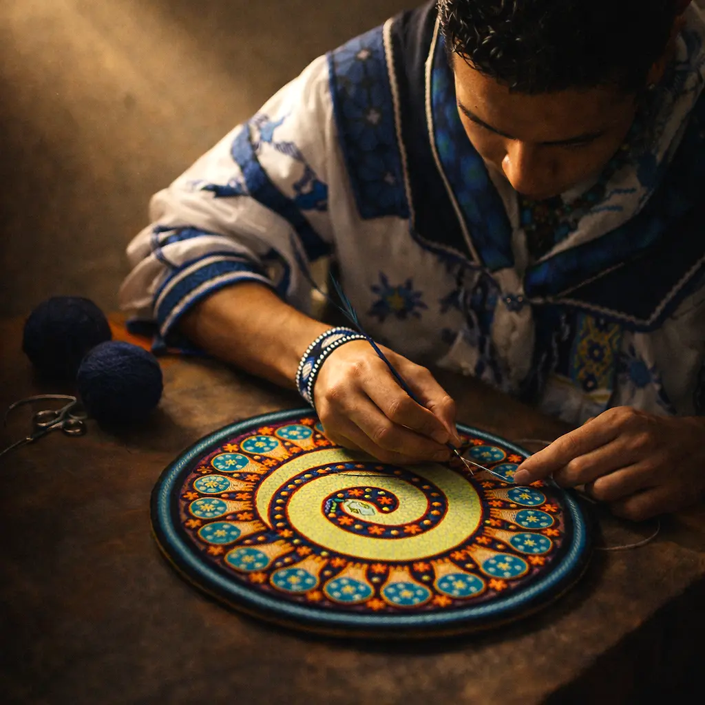 Artesano huichol realizando tabla de estambre