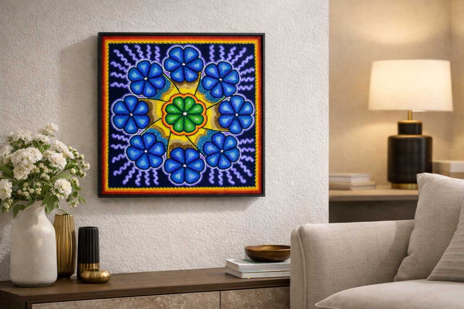 Cuadro Huichol Peyote Mandala – Arte Wixárika de Colores Vibrantes