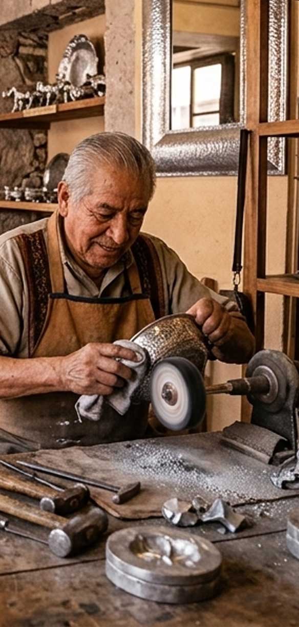 Recorte de artesano puliendo piezas de pewter